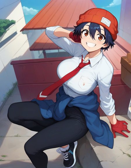 score_9,score_8_up,score_7_up,score_6_up BREAK official art,solo,outdoors,smile,looking at viewer,facing viewer,Izumo Fuuko,tomboy,beanie,red headwear,black hair,short hair,hair between eyes,brown eyes,collared shirt,white shirt,red necktie,large breasts,skindentation,long sleeves,red gloves,jacket around waist,black pants,sneakers,black footwear,<lora:Izumo Fuuko(uu)-Pony:1.2>,<lora:Smooth Anime Style LoRA XL:0.8>,