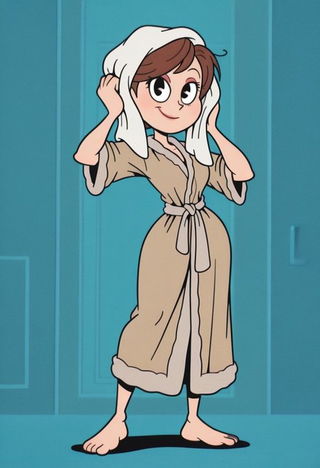 RetroXL, toon \(style\), flat color, 1girl, helen parr, bathrobe, towel on head, drying, drying hair, messy hair,looking at viewer, smile, full body, (masterpiece,best quality,newest,absurdres,highres)  <lora:HelenParr_NAI:1>