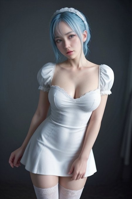 Score_9,Score_8_up,Score_7_up, highly detailed, best quality, cinematic lighting, photo realistic, realistic, real cute supermodel, hyperrealistic,fancy mansion, ultra detailed, highly detailed, detailed skin, japanese face, cosplay pose:1.1,1girl, rem, ram_re_zero, , smirk, tilted to the side, leaning to the side, white thigh high socks, cute maid sparkle dress, (cute, petite),
Re:zero Ram, solo focus, light blue hair, cute maid outfit,  view from below, thunder punch, [[volumetric fog:0.2]], god rays, cleavage, saggy breasts,