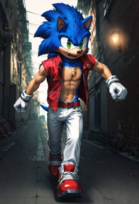 zPDXL3,RE_Engine,score_9_up,score_8_up,score_7_up,detailed,(best quality:1.2),digital media \(artwork\), BREAK, solo,best quality, 1boy, solo male, SonicXL, Sonic (sonic the hedgehog series), furry, lime green eyes, peach chest:1.5, peach arms:1.5, white open shirt, red vest, white gloves, red belt, white pants, red running shoes, running, blue aura, spiked hair, hedgehog, street alley, night, dynamic lighting, full body