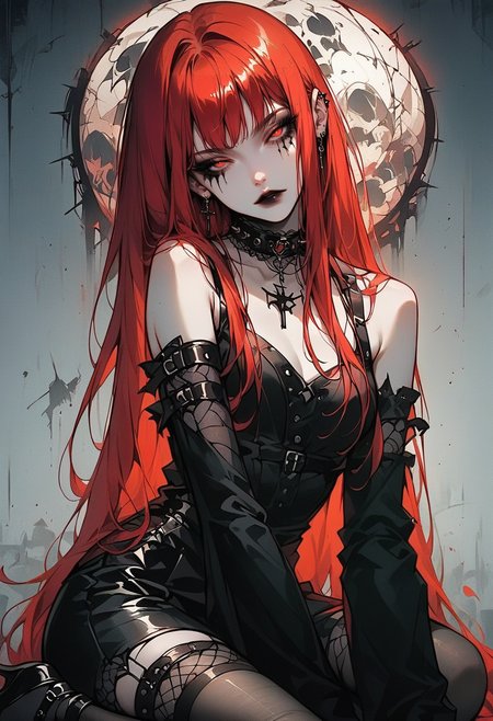 zPDXL3, score_9, score_8_up, score_7_up, 2d, (source_anime), 1girl, adult, pale skin, red hair, long hair, (straight hair), , bare shoulders, choker, red eyes, half closed eyes, sharp facial features, black makeup, full body, gothic outfit, black stockings, heels, wall background, pale colors, looking at viewer, looking up, <lora:add-detail-xl:0.4> , <lora:g0th1cPXL:0.3>, <lora:Goth_girl_XL-v2:0.8>,  <lora:GDXLP:0.8>