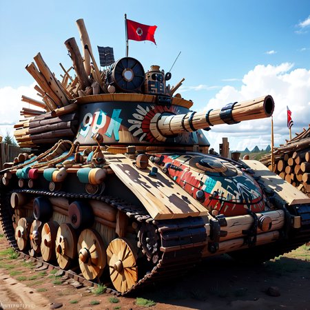 <lora:totempunkai_v20:.7> totempunkai tank made of logs