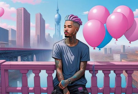 anime, a man with tattoos on his face rested on the railing of a bridge, city day, holiday, pink and blue balloons, a bridge with wooden columns and arches, a wooden floor ,(((light silver hair))), 
a couple of large buildings, pink background, day, tall buildings, cyberpunk, cyberpunk art, retrofuturism<lora:Cyberpunk _Anime_sdxl:1.0>, vfx environment, ambient occlusion, highlights, corect eyes, black jacket with bedding,(((high - rise buildings)))