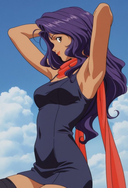 masterpiece, best quality, source_anime,official art,perfect_anatomy,1990s_\(style\),retro_artstyle,kanan gimms, 1girl, brown eyes, long hair, purple hair, lipstick, dark-skinned female, dark skin,sleeveless, bare shoulders,breasts, red scarf,short dress,profile,looking_at_viewer,smile,happy,upper body,armpits,arms behind head,black thighhighs,hip,from side,day,blue_sky,cloud