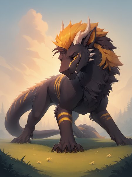 score_9, score_8_up, score_8, (felkin), furred dragon, feral, male, all fours,  fluffy neck fur, black fur, yellow stripes, horn, glowing yellow eyes, digital painting, solo, flat color, soft lighting, rugged appearance, scruffy, standing, seductive, looking at viewer, close up, front view, grass, <lora:princess_xl_v2:1>, <lora:Smooth Anime Style LoRA XL:1>, <lora:LoraFelkinBYXL_felkin:1>