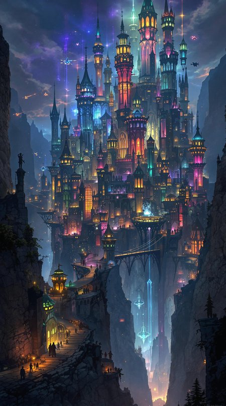 medieval fantasy, A city of towers that rises from a cliff above a vast chasm. The towers are of different heights, shapes, and colors, some reaching the clouds, some barely standing. The city is lit by magical lights of various hues, creating a dazzling spectacle at night. Bridges, cables, and flying vehicles connect the towers, forming a complex network of transportation. The city is home to people of many races, cultures, and backgrounds, who live in different districts and levels of the towers. The city is a hub of commerce, politics, and magic, but also a place of danger, intrigue, and mystery.