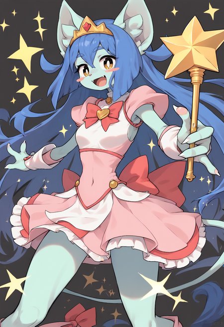 score_9, score_8_up, score_7_up, score_6_up, masterpiece, sfw,
Amboina, 1girl, anthro, blue fur, blue hair, long hair, yellow eyes, white pupils, pink nose,  claws, blush sticker,
magical girl, wand, :D, magic, sparkles, abstract background, action pose, open mouth, happy, heart, tiara,
<lora:Amboina_v2:1>