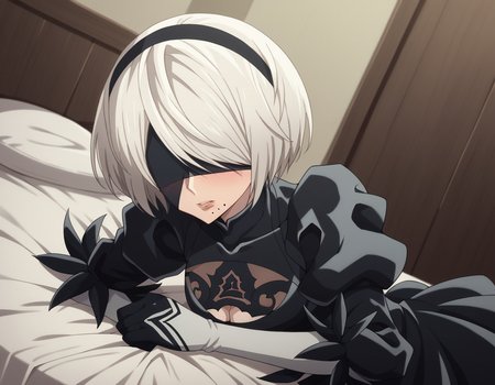 score_9, score_8_up, score_7_up, source_anime,
2b, <lora:2b-s1-ponyxl-lora-nochekaiser:1>,
2b, yorha no. 2 type b, short hair, white hair, hairband, mole, black hairband, mole under mouth, blindfold, covered eyes, black blindfold,
gloves, long sleeves, dress, puffy sleeves, black dress, clothing cutout, cleavage cutout, juliet sleeves, feather-trimmed sleeves,
indoors, bed, bed room, on side, blush, drunk,
solo, dutch angle, looking at viewer, cowboy shot,