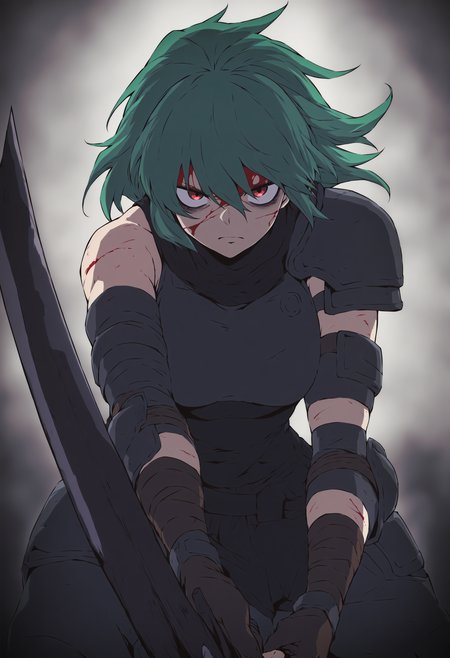 newest anime, modern anime, comic shading, masterpiece, best quality, highly detailed, absurdres, dark, limited palette,  vignetting, battlefield, warzone, ruined city, 1girl, mature, scars, armor, holding sword, blood on face, green hair, long hair, facing viewer, looking at viewer,  gloomy, downcast eyes, frown, hunched shoulders, bored, gloomy aura, expressionless, lowered eyelids, bags under eyes,