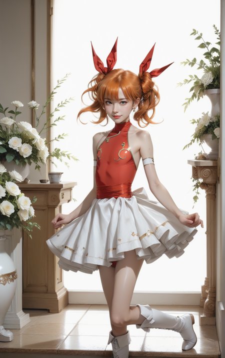 rating_safe,score_9, score_8_up, score_7_up, score_6_up, score_5_up,photo realistic,photo
,photo,ultra-detailed hair,flat chest
,(fullbody:1.2)  ,Childishly cheerful pose,closed smile
<lora:tiaris_p_v1.7:0.9>tiaris,aqua eyes,orange hair,shiny hair,red leotard,detached sleeves,white mini skirt,white footwear,white boots,red ribbon
<lora:Thigh Size Slider V2_alpha1.0_rank4_noxattn_last:-2> 
<lora:Leg Length Slider_alpha1.0_rank4_noxattn_last:1.5>
<lora:age_slider_v4:-1> 
,flower garden background <lora:Fant5yP0ny:1>