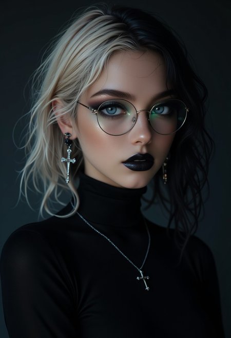 a cute woman, wearing skin tight black turtle neck, round glasses, blue eyes, black hair, white hair, multicolored hair, goth makeup, black lips, cross earrings, cross necklace, soft lighting, dark background, high-resolution, (hi-top fade), (dark theme:0.9), soothing tones, muted colors, high contrast, (natural skin texture, hyperrealism, soft light, sharp)