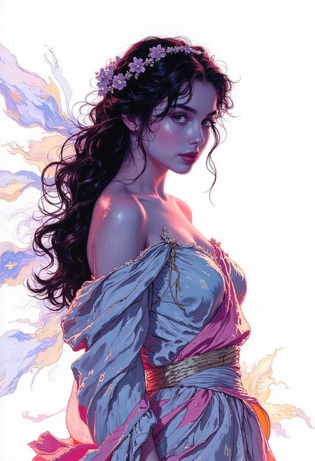 A futuristic fantasy character, glowing soft neon colors, cyberpunk style, vibrant pastel gradients, white background, highly detailed, high contrast, bioluminescent effects, ethereal and mysterious, dynamic light,a goddess-like figure in flowing drapery, inspired by Greek and Roman statues