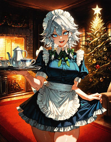 1girl,   izayoi_sakuya, apron, blue_eyes ,breasts ,collared_shirt ,cowboy_shot ,cup ,curvy, dress, frilled_apron, frilled_dress, frills ,green_ribbon ,grey_dress ,holding, holding_tray , maid ,maid_headdress ,medium_breasts ,neck_ribbon ,open_mouth, puffy_short_sleeves, puffy_sleeves, ribbon ,shirt ,short_dress, short_sleeves ,skirt_hold ,smile ,solo, teacup, teapot, thick_thighs, thighs, tray ,waist_apron ,white_apron ,white_shirt, window,  
chrlib, scenery, indoors, living room, night, oven, christmas tree, christmas ornaments, red carpet,
, Fishine,ireading ,noya_makoto ,quasarcake, retro_artstyle, retro,looking_at_viewer ,
masterpiece, best quality, amazing quality, very aesthetic, absurdres,  newest, <lora:ponyv5_noobE11_1_adamW:0.6>, <lora:add-detail-xl:0.5>, <lora:cfg_scale_boost:0.5>, <lora:retro_scifi_artstyle:0.6>, <lora:USNR STYLE_XL_loha:0.6>, <lora:Christmas living room:0.6>