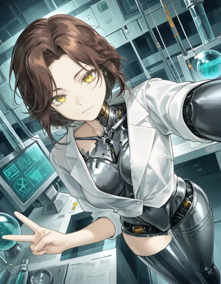 lucy,1girl, solo, looking at viewer, v,yellow eyes,Dynamic Angle,Laboratory
 <lora:Lusyreverse1999:1>,, (masterpiece, best quality, high quality, highres, ultra-detailed),