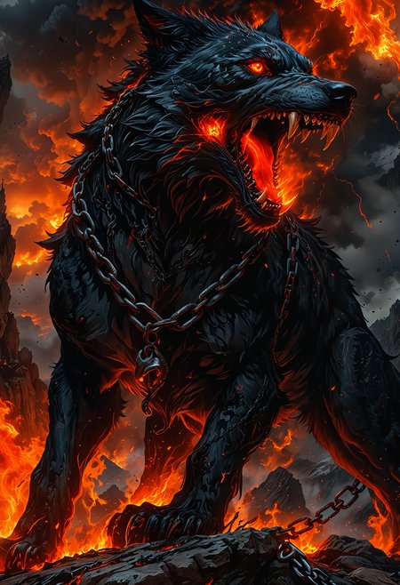 Giant wolf Fenrir, protruding from the mountains, fire emanates from its mouth, on its legs it has broken shackles with chains hanging, red eyes, angry, anger, realistic illustration, 4K, detail, apocalyptic, lightning, darkened sky  <lora:SDXLFaeTastic2400:0.4>
<lora:detailed_notrigger:0.6> <lora:zavy-cntrst-sdxl:0.7> <lora:MJ52:0.4> <lora:MJ52_v2.0:1>