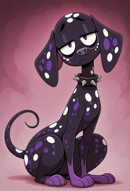 sunib3, SB, SB, masterpiece, best quality, amazing quality, Dante(101), solo, 1boy, dalmatian, dalmatian dog, feral, dog, dalmatian, black fur, white spots, purple spots, purple paws, gray nose, baggy eyes, pink bags under eyes, spiked collar, full body, head tilt, snout, looking at viewer, bored expression,