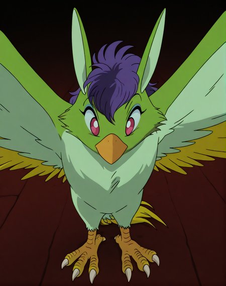 masterpiece, best quality, amazing quality, very aesthetic, absurdres, newest, volumetric lighting, directional lighting, vector art, lineart, vector graphics, detailed background,  solo,feral, murugu, bird, gradient background, full body ,  cute, closed mouth, sexy surprised  expression, standing view from above, spread wings,  <lora:Murugu_Bird_XL IL:1><lora:Anime_Screencap:1> anime coloring