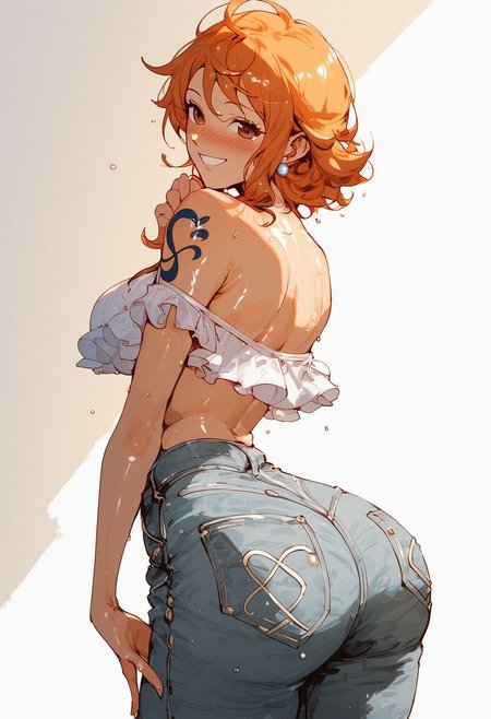 ,score_9, score_8_up, score_7_up, Expressiveh, (masterpiece), nami, low waist jeans shorts,(blush, joyful, smile),  skinny, post timeskip nami, orange short hair, anime, from the back, looking at camera, huge ass, thight clothes, shiny skin, sexy, solo, beautiful face, perfect face, standing up, erotic pose, pink lightings, sunlight, oily skin, simple background, very detailled face, very detailled ass, solo, sweaty, wet, oily,