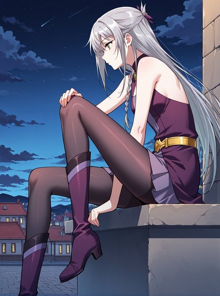 <lora:Ye_Liuli__I_am_the_Fated_Villain__Illustrious:1>
1 girl, solo, gray hair, loose hair, long hair, small braid, green eyes, small breasts
purple dress, short skirt, black tights, purple boots, sleeveless dress, bare shoulders, gold belt
score_9, score_8_up, score_7_up, score_6_up, source_anime, masterpiece, best quality, absurdres, highres, newest, anime coloring <break>  1girl, solo, sitting, on wall, from side, town, night sky, cloud