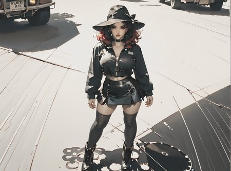 score_9, score_8_up, score_7_up, Fighting scene, shot from above, looking up against all odds, woman, pale skin, huge breasts, <lora:sm0k3XLP:1>, <lora:goth_clothes:1>, (black sunhat, black stockings, black skirt, black top, zipper boots, crimson red hair, black highlights, <lora:Shiki:1>, <lora:Dark_Retro_Scifi_Aesthetic:1>,