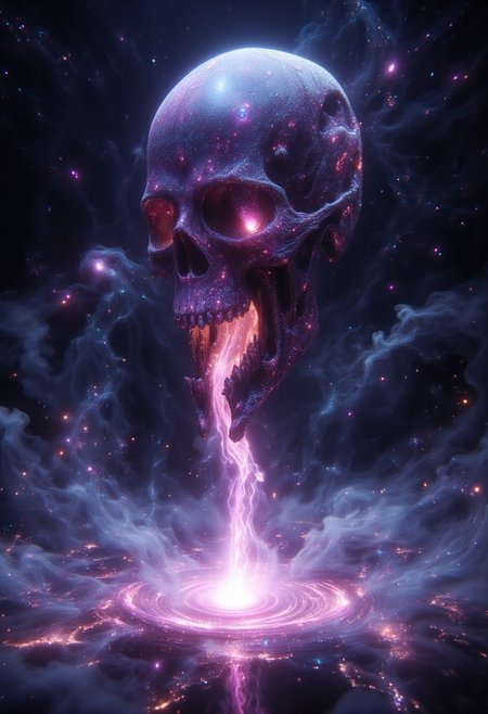 A cosmic skull floats in the void, jaw open as glowing, star-filled liquid cascades into a swirling pool of energy. Vibrant hues of purple, blue, and magenta shimmer with stars and galaxies. The skull’s surface reflects cosmic light, set against an infinite starry backdrop, symbolizing life, death, and rebirth.
A surreal cosmic skull floating in the void of space, its jaw agape as luminous, star-filled liquid flows out like a galactic river, cascading into a swirling pool of light and energy. The liquid shimmers with vibrant hues of purple, blue, and magenta, illuminated by stars and distant galaxies. The background features a starry expanse, with celestial bodies glowing faintly in the distance, evoking a sense of infinity and the mysterious origins of the universe. The skull appears both ancient and otherworldly, its surface reflecting the ethereal glow of the cosmos around it, symbolizing the eternal cycle of life, death, and rebirth within the fabric of the universe.hkmagic, Ghostlystyle