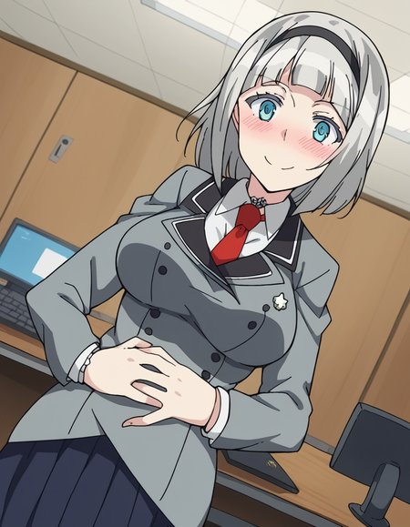 score_9, score_8_up, score_7_up, source_anime, <lora:anna-nishikinomiya-s1-ponyxl-lora-nochekaiser:1>, anna nishikinomiya, short hair, blue eyes, grey hair, hairband, aqua eyes, large breasts,, skirt, school uniform, pleated skirt, necktie, black skirt, red necktie, grey blazer, long sleeves,, cubicle, desk, computer, partition, workspace, smile, hand on stomach, blush,, looking at viewer, solo,, dutch angle, cowboy shot