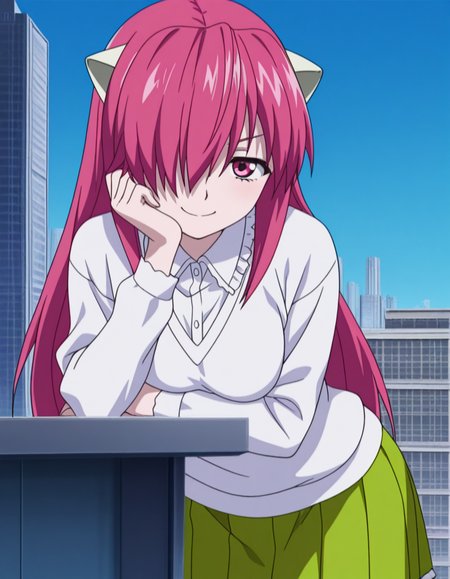 masterpiece, best quality, amazing quality,, <lora:elfen-lied-kaede-s1-illustriousxl-lora-nochekaiser:1>, kaede, long hair, pink hair, horns, pink eyes, hair over one eye, mature female, breasts, anime screencap, long sleeves, sweater, skirt, green skirt, pleated skirt, shirt, white shirt, collared shirt, frills,, megastructure, large, futuristic, building, complex, smile, head rest, smug, looking at viewer, solo,, cowboy shot, solo
