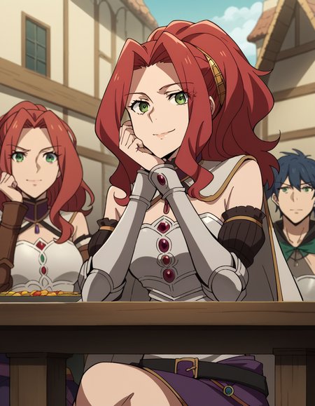 score_9, score_8_up, score_7_up, source_anime, <lora:malty-melromarc-s1s2s3-ponyxl-lora-nochekaiser:1>, malty melromarc, long hair, green eyes, red hair, parted bangs, ponytail, medium breasts, bare shoulders, belt, cape, armor, breastplate,, town, small, streets, community, people, smile, sitting, head rest, table,, looking at viewer, solo,, dutch angle, cowboy shot