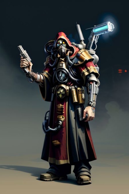 ((masterpiece,best quality)), absurdres, BREAK
mechanical arms, robes, hood, BREAK
((techpriest)), cyborg, mechanical face, mechanical limbs, gas mask, mechanical tentacles, (mechanical backpack), BREAK
1other, solo, holding pistol, firearm, handgun, pistol, gun, BREAK
factory background, smoggy sky, air pollution, smokestacks, BREAK
(comic character)
