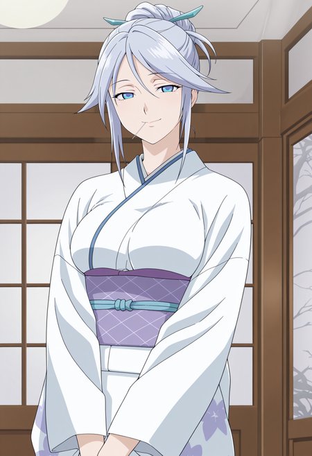 1girl,solo,mm,mature female,blue eyes,grey hair,hair up,hair bun,hair ornament,large breasts,anime coloring,
white kimono,sash,obi,lollipop,mouth hold,cowboy shot, v arms, looking at viewer, smile,indoors
,masterpiece,best quality,amazing quality,<lora:Tsurara_Shirayuki-RosarioVampire:0.8>