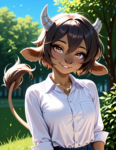 masterpiece, best quality, very aesthetic, absurdres,
outdoors, 
headshot, head tilt, 
button up shirt,
seductive smile, parted lips, long eyelashes,
<lora:Manitka_Storm_v01_NAIXL:1>
Man1tkaStorm,1gilr,solo,furry,furry female,cow girl,cow ears,cow horns,short hair,black hair,hair between eyes,brown hair,body fur,brown fur,cow tail,hooves,