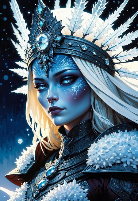 (in Gerald Brom style:1.4), high-quality, masterpiece, A female humanoid made entirely of ice and frost, covered in jagged frozen crystals that reflect the pale light of the moon, their expression cold and calculating, illuminated by the faint glow of the northern lights, High-contrast shot with sharp focus and soft ambient lighting, set against a snow-covered tundra with aurora borealis overhead, (elaborately detailed attire with extraordinary elements and headdress:1.1), art by Ilya Kuvshinov, (hyperdetailed:1.1), (intricate details:1.0), (Refined details:1.1), (best quality:1.1), (high resolution:1.2)