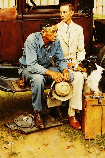 normanrockwell1 painting. 
In the center is an elderly man in a worn denim shirt and jeans sits on the edge of a rusty old car, holding a wide-brimmed straw hat and a small, worn suitcase. He has a serious expression.
A young man with neat short hair, is wearing a white suit.  He is looking at the
left. There is a dog with its head resting on his lap.
There is a antique car parked behind them.
 <lora:normanrockwell1_cap_d6a3e12:1.0><lora:841447212409090166:0>