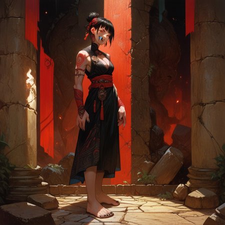 score_9, score_8_up, score_7_up, score_6_up, score_5_up, score_4_up, 1girl, detailed, masterpiece, solo, pale skin, red eyes, black hair, black nails, bangs, cleavage, 2 fangs,  smile, earrings, legs, feet, stone floor,  standing,