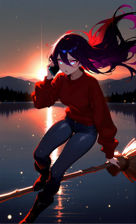 masterpiece, sharp detail, 1girl,   detailed eyes, gradient eyes, highly detailed hairs,  broom surfing,  jeans, long hair, floating hair, boots, sweater, talking on phone,  cellphone, lake,  cinematic lighting, detailed background, v-shaped eyes, light particles, (shiny, abstract:0.7), underlighting:1.2, <lora:Broom Surfing:0.8>