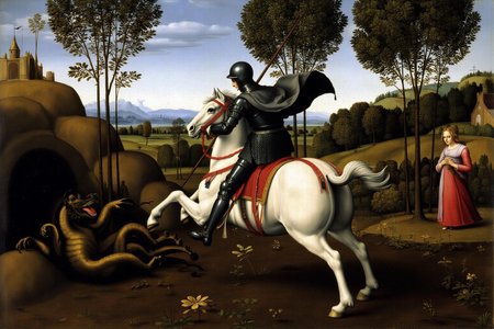 raphael1 painting. On the left is a dragon lying on the ground. In the center is a knight, shown with his back to the viewer, in full armor mounted on a white horse, running towards the left. The knight is thrusting a lance at a dragon lying on the ground. IIn the background there are rolling hills, trees, and a distant castle. A woman in a red dress stands near the trees, observing the scene. 
 <lora:raphael1_cap_d6a3:1.0><lora:843657879320935709:0>