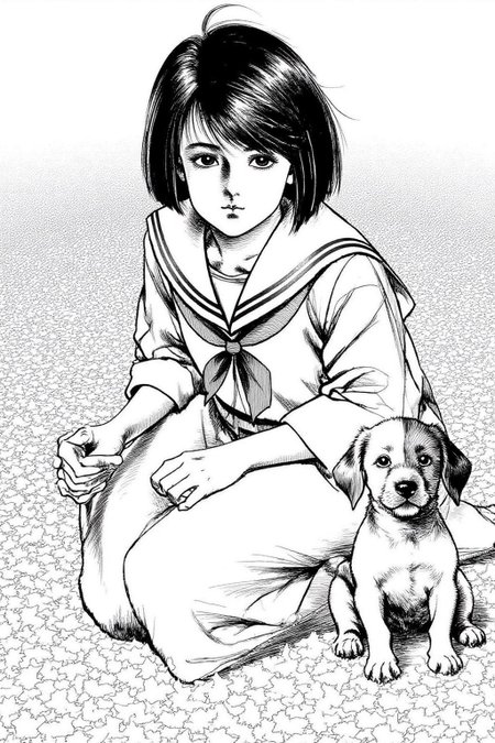 1keryo illustration.
A young girl and a small puppy sitting on a ground covered with scattered leaves. The young girl has a bob cut and is wearing a Japanese sailor fuku school uniform. <lora:1keryo1_cap_d6a3e12:1.0><lora:826535528339075663:0>
