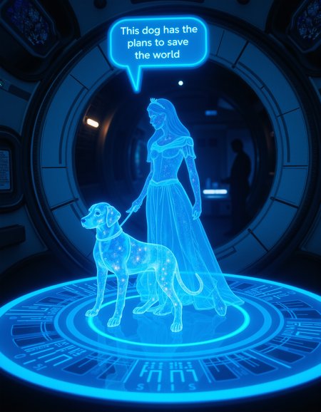 an image of a round hologram deck from a science fiction film, a princess and andriod dog are showing as a hologram, flickering in and out of space and time in a see through neon blue color, speech bubble "This dog has the plans to save the world", science fiction spaceship interior background