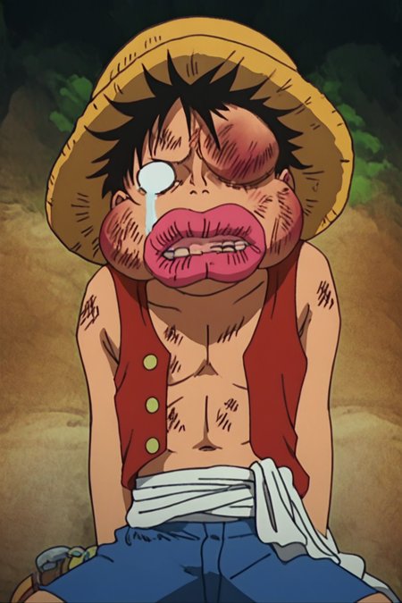 score_9, score_8_up, score_7_up, score_6_up, score_5_up, score_4_up,  <lora:LUFFY_pony_XL:0.7>, Luffy, straw hat, <lora:beat_up_face:0.8>, 1boy, solo, blank eyes, alone, tears, swollen lips, bruise, swollen eyes, missing tooth, swollen cheeks, masterpiece, highres
