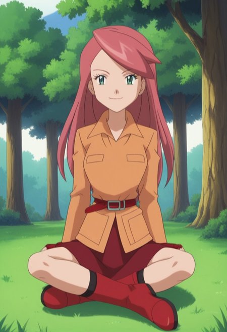 Score_9_up, Score_8_up, Score_7_up, easynegative, ng_deepnegative_v1_75t,
PKMNSolidad, 1girl, pink hair, swept bangs, long hair, green eyes, eyelashes, Orange shirt, collared shirt, long sleeves, belt, red skirt, red boots, kneehighs, fingerless gloves, red gloves, solo
trees, sitting, crossed legs, outdoors, happy, smile, 1girl, grass, outdoors, nature
