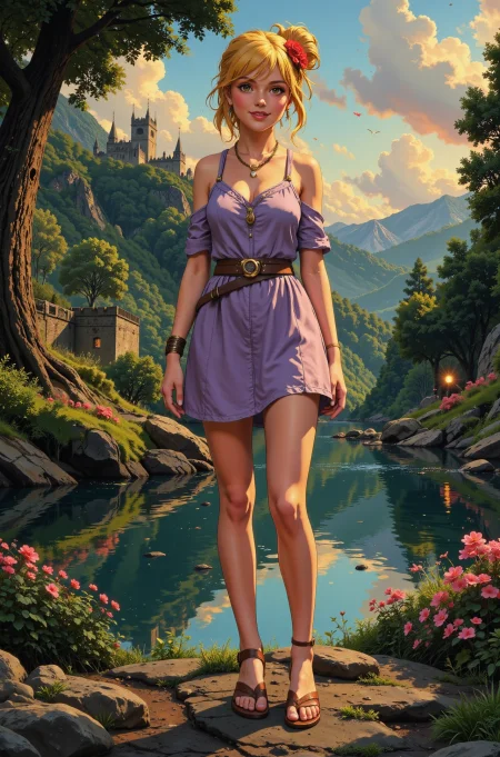updo yellow hair young woman, druid, anime, illustration, extremely detailed, portrait, standing, happy smile, flower in hair, glossy lipstick, celtic necklace, pearl earrings, loincloth, sandals,  Light purple druid short dress, legs, sharp focus, fantasy, celtic landscape, small rock, moss, ripples, reflections, celtic  castle, small river pond, druid forest, druid village, stunning nature environment, enchanted land, clovers, Bright Dark Pink flowers, best quality, colorful, wet floor, bright sunny sky, sunset, raytracing, hdr, high contrast, ethereal natural lights, backlight, lens flare, shadows, vibrant colors, colorful, pretty, beautiful, happy, smiling, feminine, sexy, lovely, in love, adorable, fashion,  <lora:Hand v2:1> <lora:Anti-Blur:1><lora:Insane Detail Slider:0.5>  <lora:flux.1_lora_flyway_Epic-detail_v2:0.3><lora:fluxenhancer:0.5> <lora:RetroAnimeFluxV1:0.4> <lora:Luminous_Shadowscape:0.4> <lora:SujatmikoArafuru_Flux:0.2> Suzume style