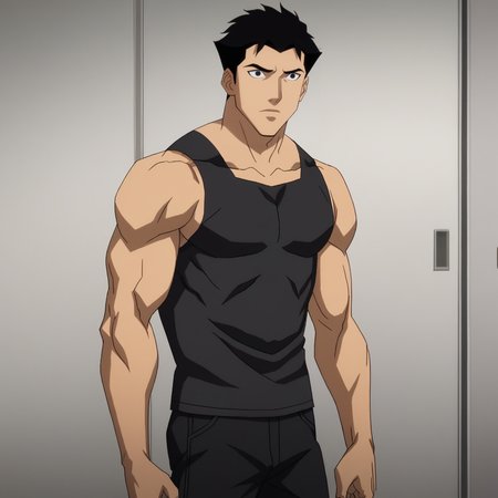 Ugly score_9_up, score_8_up, BREAK, DCAMU, 1boy, solo, black hair, short hair, black eyes, black shirt, black pants,  muscular,  <lora:DCAMU_Style_PXL_Leaf1:1>, cowboy shot,
