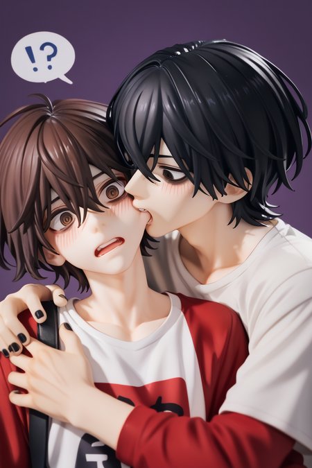 score_9, score_8_up, score_7_up,
<lora:CheekBite_Pony2:1>
cheek_bite, blush, short hair, open mouth, bangs, brown hair, shirt, black hair, long sleeves, hair between eyes, brown eyes, collarbone, white shirt, upper body, male focus, multiple boys, teeth, 2boys, nail polish, looking at another, black eyes, speech bubble, red shirt, black nails, yaoi, purple background, !?, hand on another's shoulder, bags under eyes
