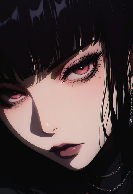 masterpiece, best quality,high quality, newest, highres, absurdres, solo, mole under eye, 1girl, goth girl, mole, solo, eye focus, earrings, jewelry, red eyes, close-up, thin lips, makeup, looking at viewer, black hair, eyelashes, bangs, lipstick, dark pink lips, dark pink eye shadow