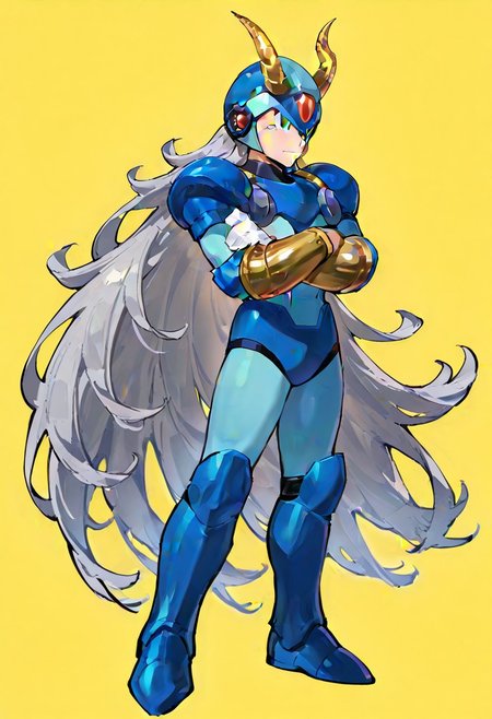 masterpiece, best quality, amazing quality, highres, high resolution, solo, score_9, score_8_up, score_7_up, 1boy, male focus, :green_eyes, blue_helmet, blue_armor, blue_bodysuit, white_gloves, blue_boots, very long hair, grey hair, large pectorals, ex kulve taroth alpha armor, gold horns, gold gauntlets, black knee boots, gold pauldrons, arms crossed, full body,