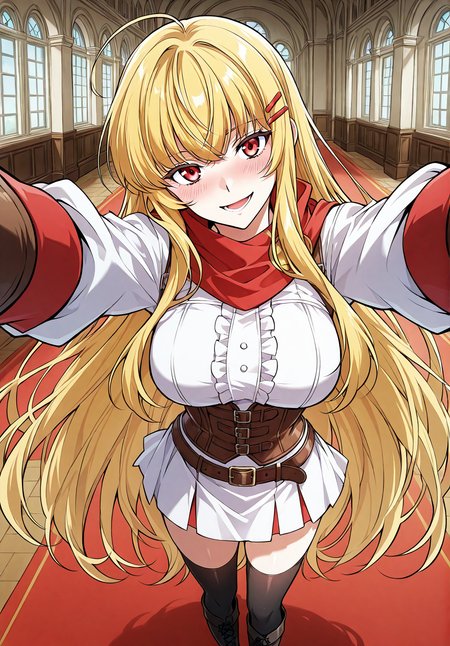 <lora:Cheryl:1>
1 girl, solo, blonde hair, very long hair, bangs, ahoge, red eyes
White skirt, White skirt, red scarf, hair ornament, hairclip, long sleeves, thighhighs, boots, belt, black knee boots, corset
score_9, score_8_up, score_7_up, score_6_up, source_anime, rating_explicit, 1girl, solo, smile, embarrassed, alcalose eyes, open mouth, mansion, indoors, looking at viewer, outstretched arms, pov, close-up, (head tilt:1.2)