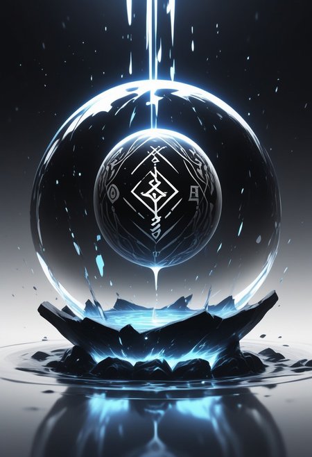 (masterpiece), best quality, Symphtia-Style, Anime, (Floating Sphere, Dripping Liquid), White Background, No Humans, Black and White Theme, (Ancient Runes, Glowing Runes, Light Refraction), Symphtia-Style, Zyrnox-Exoterra Style