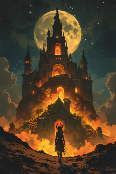 On the windswept plains of an endless desert, a tiefling with deep crimson skin and spiraling, golden horns builds towering sand sculptures that shimmer with trapped starlight. Her hands move with a dancerâs grace, shaping the fine, magical sand into intricate castles, creatures, and mythical scenes. Each finished piece glows faintly in the moonlight, their surfaces rippling as if alive. The desert wind carries a faint, melodic hum that seems to harmonize with the tieflingâs soft singing, her golden eyes reflecting the endless expanse of the starry sky above. Around her, glowing dunes stretch as far as the eye can see, their shifting shapes catching the light of the twin moons. A small, mischievous dust spirit flits around her sculptures, adding tiny flourishes to her work and giggling softly. The air is cool and dry, carrying the faint scent of jasmine that blooms from her enchanted satchel. The tieflingâs tail sways rhythmically as she steps back to admire her work, the joy of creation evident on her face. Despite the vastness of the desert, her art brings a sense of warmth and connection to the space. , detailed background  Fantastic lighting. Detailed shadows.intricate details, vivid colors, hyper-detailed, ultra-sharp, High resolution, high detail. Highly detailed. , <lora:Luminous_Shadowscape-000016:0.4><lora:black_fantasy_1.0:0.4><lora:Glitchcore_Flux:0.4><lora:- Flux1 - vanta_black_V2.0:0.4>