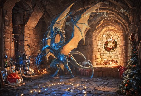 Dragon in Christmas cave, cave, festive cave, Christmas decorations, Christmas lights
(((Sparkling, Sparkly))) glowing dragon, christmas dragon, dragon wrapped in Christmas lights, glowing matrix, glowing Christmas lights, hyper realistic, photorealistic, HD, High detail, High detail eyes, high detail face, wings, glowing wings, light scales, glowing Christmas lights on wings, glowing light scales, tail, tail wrapped in Christmas lights, four legs, 
BREAK 
Snowy background