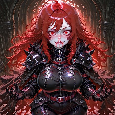 very aesthetic, masterpiece, best quality, highres, absurdres, amazing quality, high resolution, medieval background, detailed eyes, perfect eyes, expressive eyes, Expressiveh, vivid colors, realistic lighting, perfect anatomy, addmicrodetails, ultra detailed face, ultra detailed eyes
Red Eyes, long hair, red hair, pale skin, voluptuous, cellulite, chubby, large breasts, ((uneven eyes)), freckles, crazy eyes, wide hips
black medieval armor, black armor, black gloves, sharp fingers, black gauntlets, dark red leather straps, black fur cloak, black fur collar, black leggings, black pauldrons, black shirt, button up shirt, button down shirt, gambeson
absurdres, highres, anime, anime style, ExcessiveAnimeNosebleed, nose bleed, bleed, excessive nose bleed, blood, nosebleed,